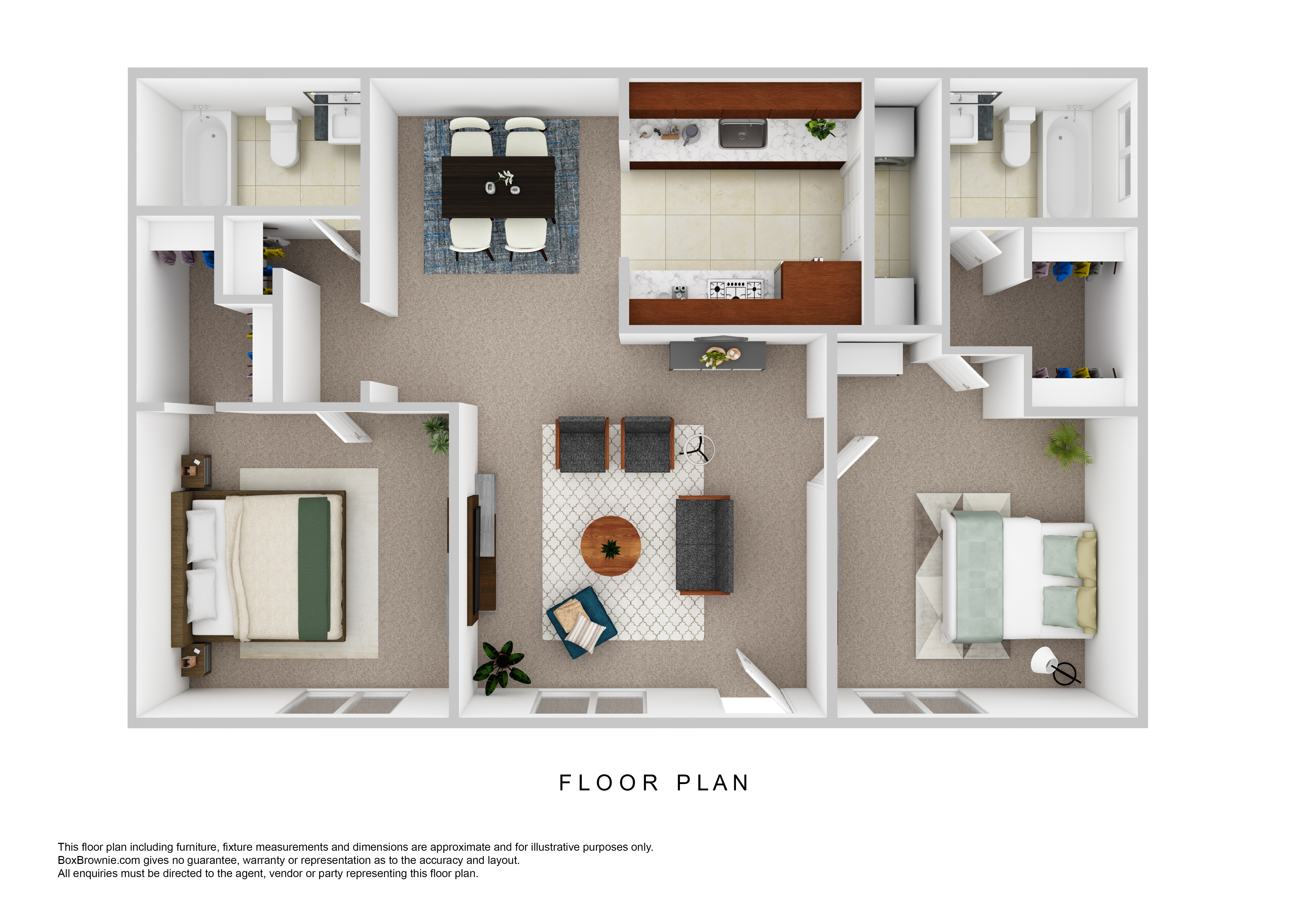 Floor plan for 2 beds, 2 baths, 1000 sqft
